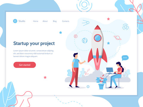 Launch of the rocket. Web banner design template. Startup concept. Teamwork and development. Flat vector illustration. 