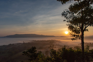 Fototapeta na wymiar Fog and sun Morning after mountain.