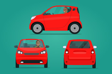 Red сompact city car set. Car with afro american man side view and front view. Vector flat style illustration