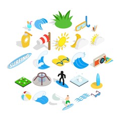 Fototapeta premium Water fun icons set. Isometric set of 25 water fun vector icons for web isolated on white background