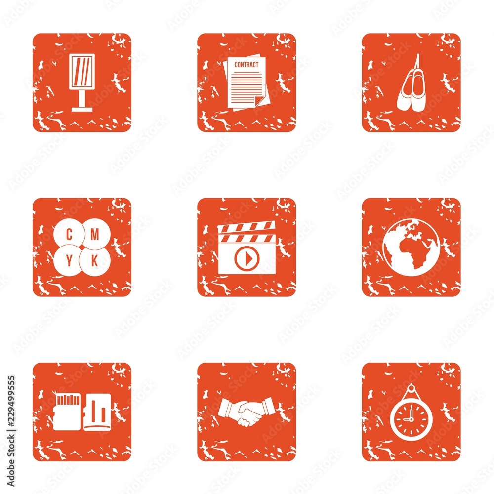 Poster video data icons set. grunge set of 9 video data vector icons for web isolated on white background
