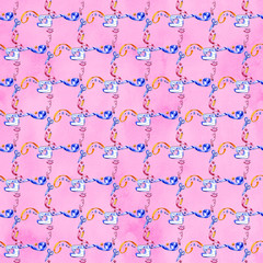 Seamless watercolor pattern of various sewing tools. Sewing kit, accessories and equipment for sewing. Scissors, buttons, bobbins with thread and needles