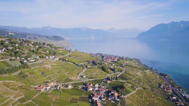 Flying high above Aran and Grandvaux village in Lavaux vineyard, Switzerland