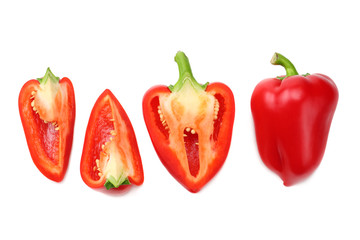 sliced red sweet bell pepper isolated on white background. top view