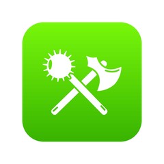 Medieval axe and mace icon green vector isolated on white background