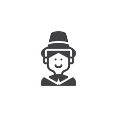 Pilgrim man with hat vector icon. filled flat sign for mobile concept and web design. Thanksgiving holiday simple solid icon. Symbol, logo illustration. Pixel perfect vector graphics