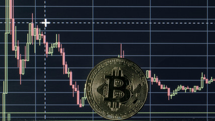 Bitcoin coin on the background graphics close-up