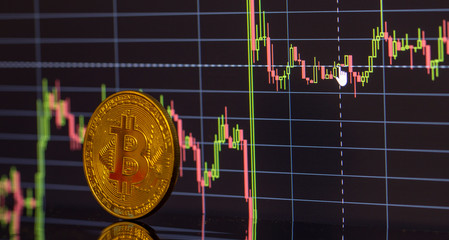Bitcoin coin on the background graphics close-up