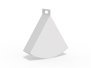 White cardboard triangle carry box bag packaging for food, mock up template on isolated white background, 3d illustration