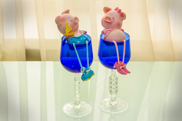 Symbol of the new year on a blurred background lovers pigs