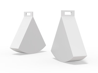 White cardboard triangle carry box bag packaging for food, mock up template on isolated white background, 3d illustration