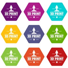 Process 3d printing icons 9 set coloful isolated on white for web