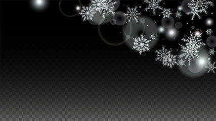 Christmas  Vector Background with White Falling Snowflakes Isolated on Transparent Background. Realistic Snow Sparkle Pattern. Snowfall Overlay Print. Winter Sky. Design for Party Invitation.
