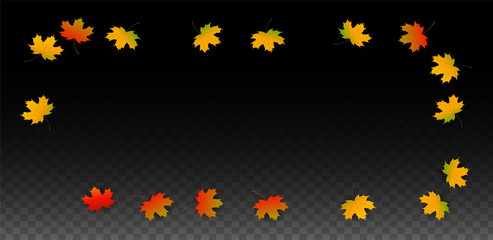 September Vector Background with Golden Falling Leaves. Autumn Illustration with Maple Red, Orange, Yellow Foliage. Isolated Leaf on Transparent Background. Bright Swirl. Suitable for Posters.