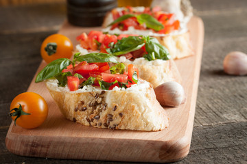 Italian tomato and cheese bruschetta. Tapas, antipasti with chopped vegetables, herbs and oil on grilled ciabatta and baguette bread.