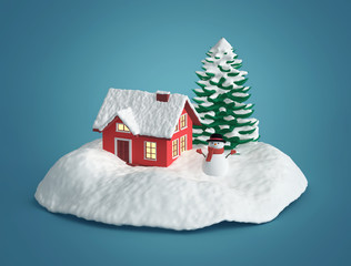 Winter scene. Winter house, pine tree and snowman