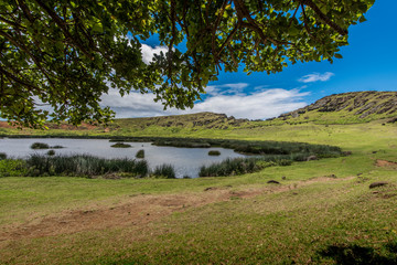 Interno del cratere del vulcano Rano Raraku con moai interrati