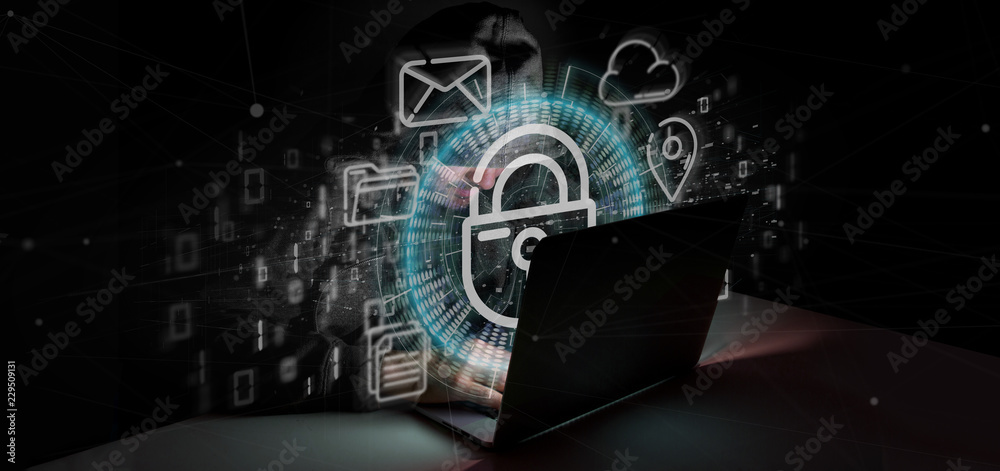 Poster man hacking a security padlock wheel icon with multimedia and social media icon 3d rendering
