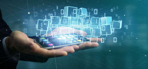 Businessman holding a Cloud of blockchain cube and binary data 3d rendering
