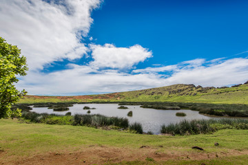 Cratere del vulcano Rano Raraku con moai interrati