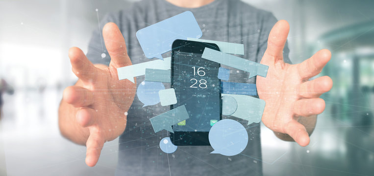 Businessman holding a Messages bubbles surrounding a smartphone 3d rendering