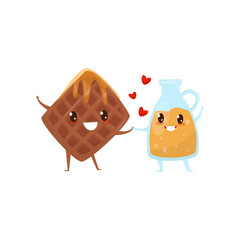 Belgian waffles and caramel sauce are friends forever, cute funny food cartoon characters vector Illustration on a white background