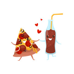 Pizza and glass bottle of soda drink are friends forever, fast food menu funny cartoon characters vector Illustration on a white background