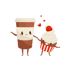 Cup of coffee and cupcake are friends forever, cute funny food cartoon characters vector Illustration on a white background
