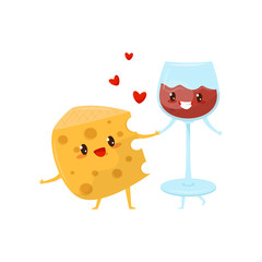 Piece of cheese and glass of wine are friends forever, cute funny food cartoon characters vector Illustration on a white background