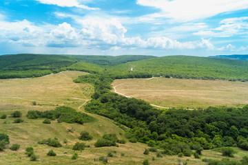 Naklejka premium Low forest hills and rocks