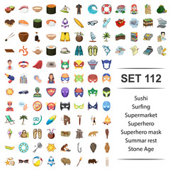 Vector illustration of sushi ,surfing, supermarket ,superhero,mask summar rest stone age icon set. - obrazy, fototapety, plakaty