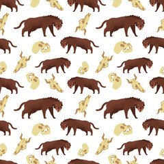 Cartoon saber-toothed tiger and skulls seamless pattern background. Vector illustration