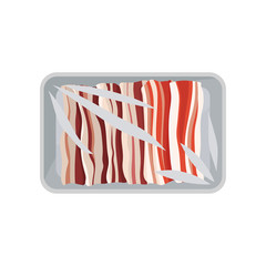 Fresh raw bacon packaging, food plastic tray container with transparent cellophane cover vector Illustration on a white background