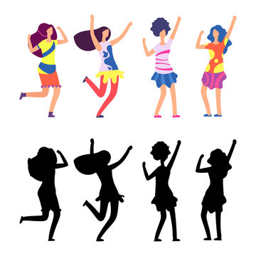 Happy women in bright clothes. Parade or hippie female cartoon character. Vector illustration