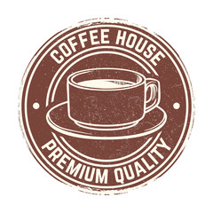Round banner with coffee cup with grunge effect isolated on white. Vector illustration