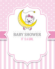 baby shower girl. Cute bear on the moon. Space for text
