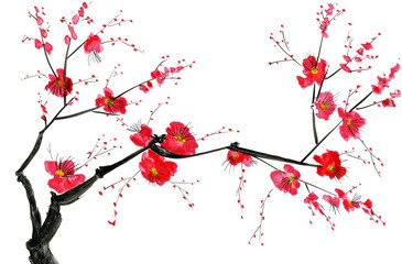 Naklejka premium A branch of a blossoming tree. Pink and red stylized flowers of plum mei, wild apricots and sakura . Watercolor and ink illustration in style sumi-e, u-sin. Oriental traditional painting.