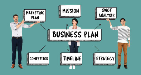 Happy people with a business plan