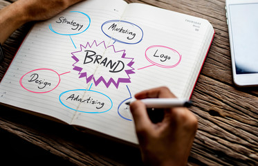 Man drawing brand in a notebook
