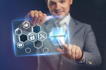 Business, Technology, Internet and network concept. Young businessman working on a virtual screen of the future and sees the inscription: Cyber crime.