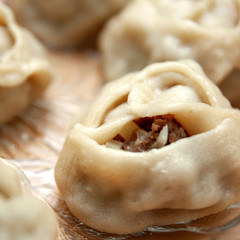 Manti, Mantu or Manty with Fried Vegetables and Spices Close Up.