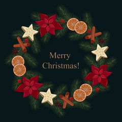 Fototapeta na wymiar Christmas wreath of fir branches with oranges, cinnamon, flowers, on a dark blue background.