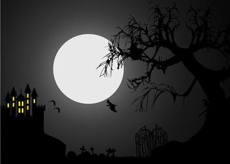 Halloween vector illustration black and white scene with moon, bat and tree