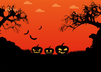 Halloween pumpkins, bat and spider on the cemetery with orange background.