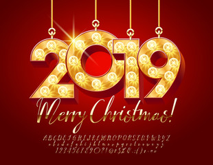 Naklejka premium Vector Greeting Card for Merry Christmas with Golden Glowing Lamp Toys 2019. Stylish Calligraphic Font.