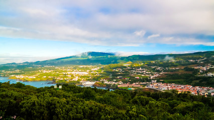 Aerial panoramic view to Angra do Heroismo from Monte Brasil mount, Portugal