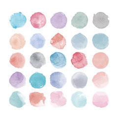 Set of colorful watercolor hand painted round shapes, stains, circles, blobs isolated on white. Illustration for artistic design