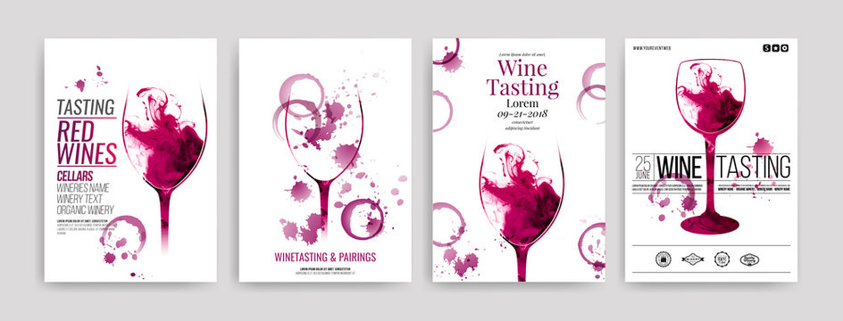 Collection of templates with wine designs. Brochures, posters, invitation cards, promotion banners, menus. Wine stains, drops. illustrations of wine glasses.