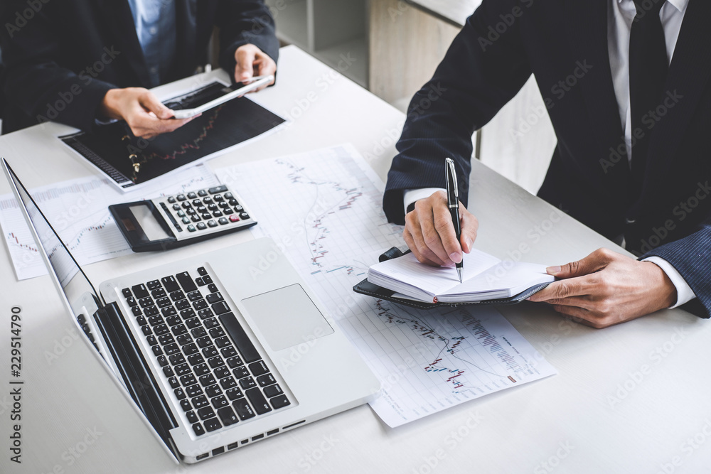 Poster business team investment working with computer and analysis graph stock market trading with stock ch