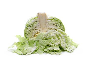 Green cabbage slices isolated on white background